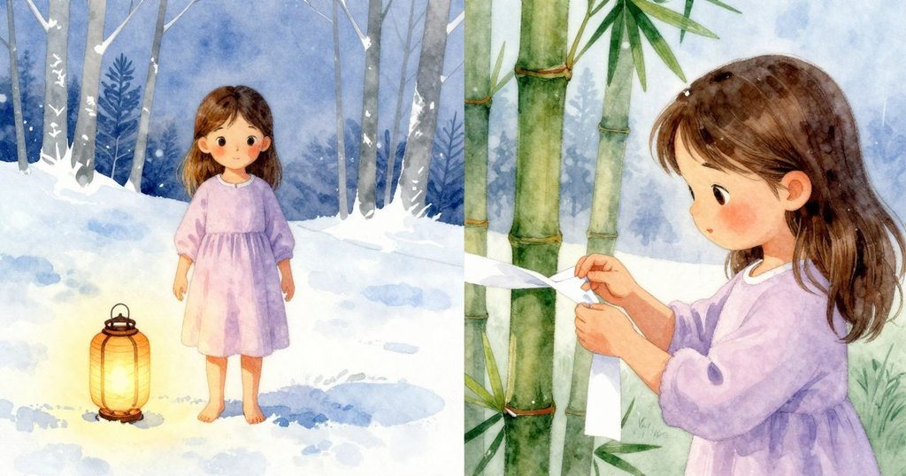 特絲一邊細心繫著紙條加固竹條, 另一邊則呈現倒塌燈籠散發柔和燈光, 展示故事轉折