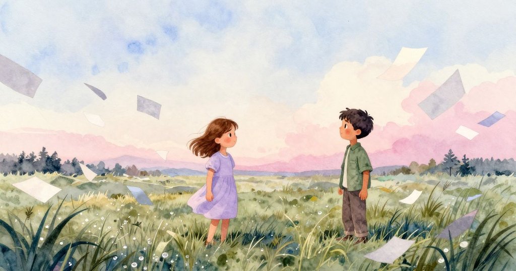 特絲與特倫在廣闊田野欣賞微風吹動紙板, 草地上露珠閃爍, 呈現自然與和諧的景象