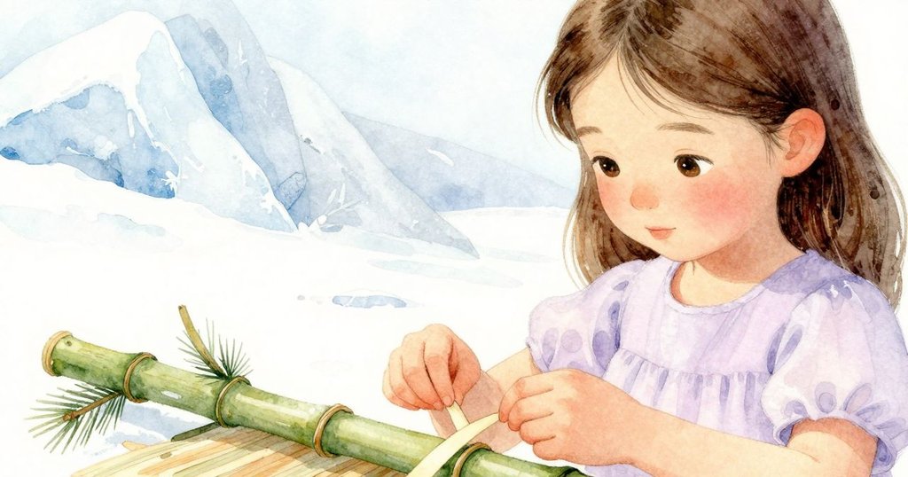 特絲專注綁定紙條形成小環, 眼神中透露出緊張與決心, 細膩展示紙與竹的質感