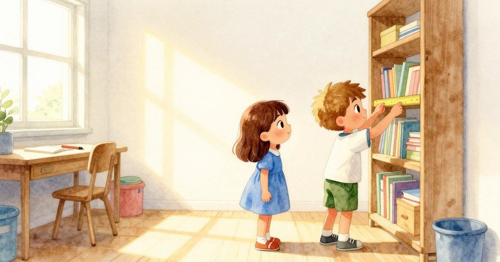 艾達在溫暖晨光中用尺子測量書架，佛雷斯特拿著掃帚走進房間，表情專注，室內環境整潔舒適