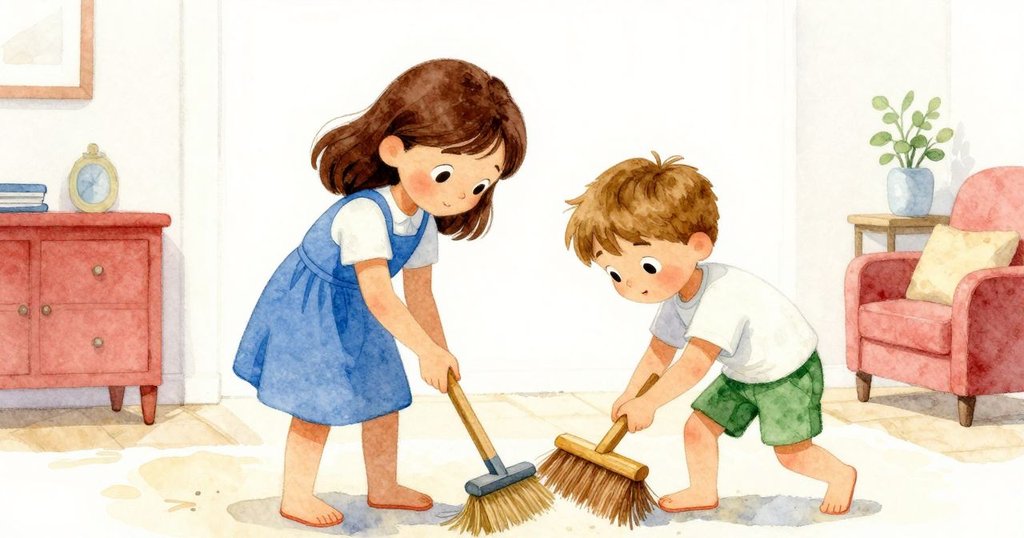 佛雷斯特拿著掃帚進入房間，艾達用尺子精確測量，兩人專注動作展現決心，室內明亮溫馨