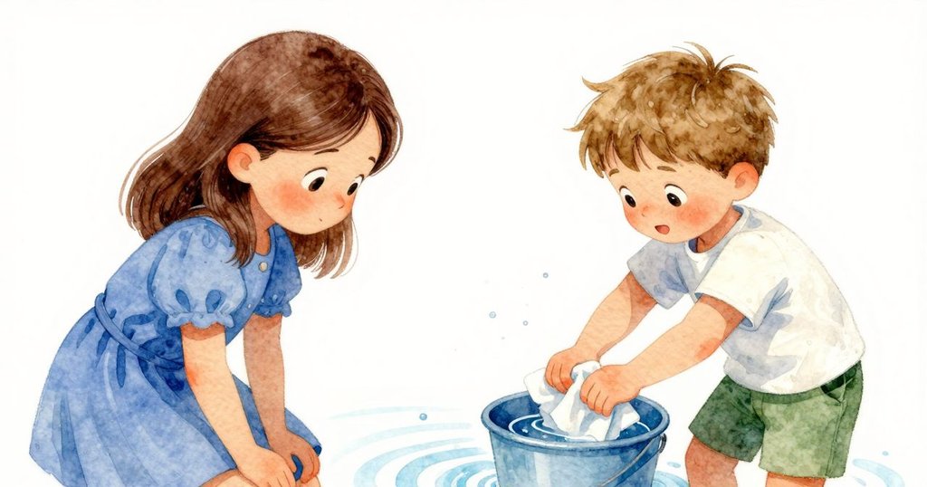 佛雷斯特操作濕布在水桶中拌動水紋，艾達在一旁靜靜觀察，室內氛圍溫柔動人