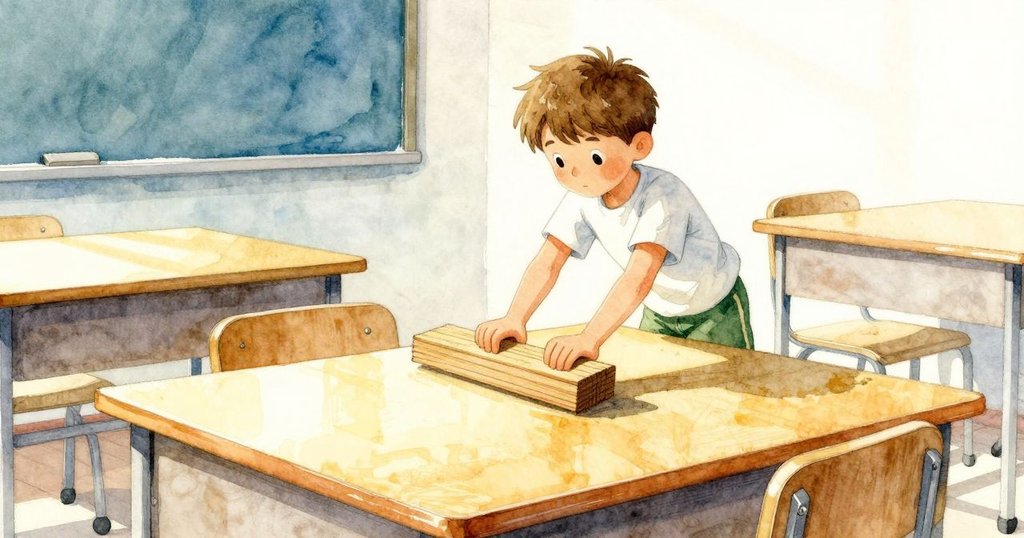 佛雷斯特在明亮桌面上用濕布打掃最後一塊板，陽光斜射形成溫暖反差，最終水滴緩緩滾向毛巾，氛圍寧靜