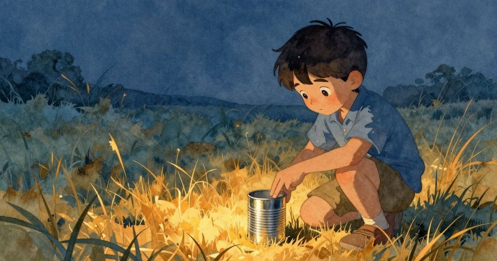 Ben 正在開放草地上輕觸鐵罐，草地金光閃爍，樹籬隱約，展現初始好奇與探索情緒