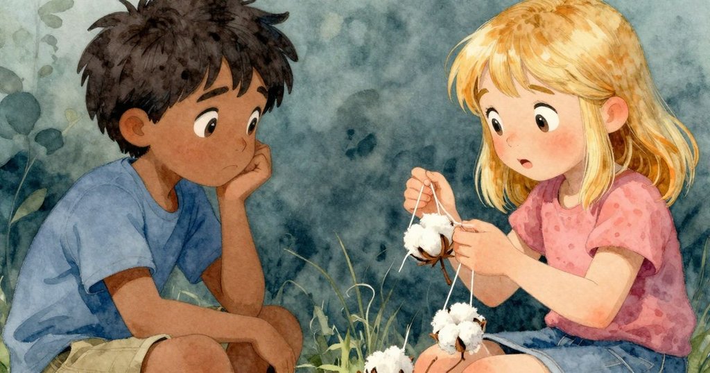 Ben 用手指小心穿過棉線，搭在光滑樹枝上，細節豐富，充滿專注與精細的感覺