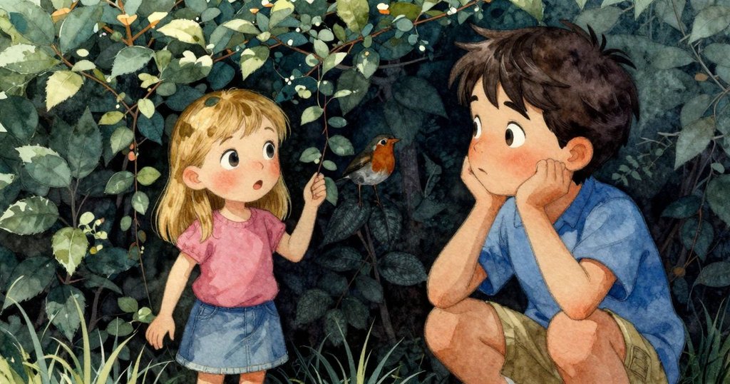 在樹籬下，一隻知更鳥靜靜守護巢穴，棉線拂過葉片，呈現隱秘自然角落的寧靜與神秘