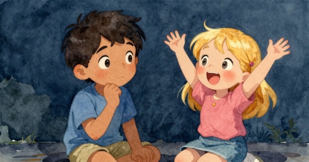 Vivian 舉起鐵罐快笑出聲，Ben 舉動棉線回應，兩人互動愉快，溫暖光線灑落在草地上