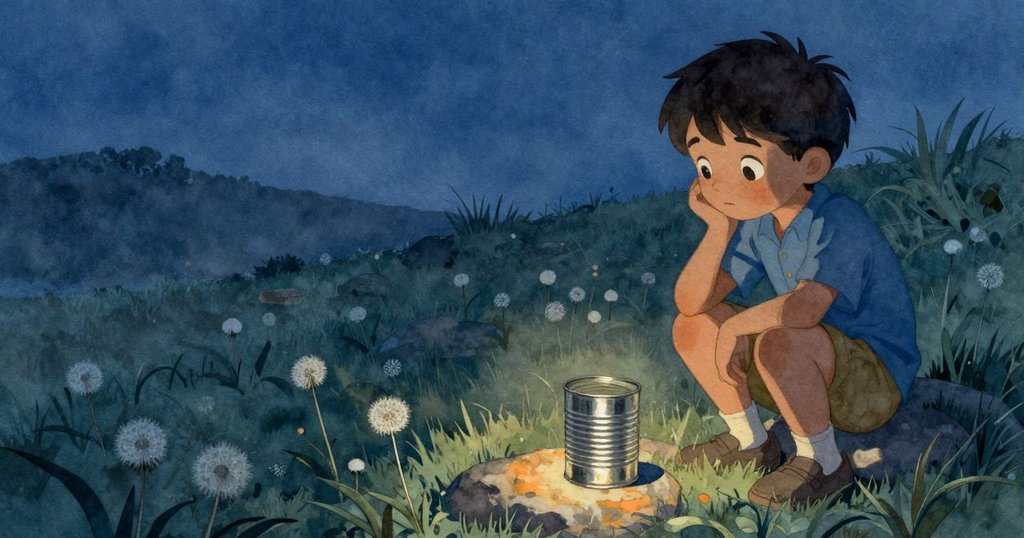 在暮色中，Ben 的鐵罐靜臥平石上，蒲公英低垂，草地空曠，展現結尾寧靜與新冒險之期盼