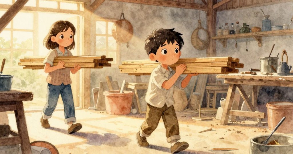 肯特在晨光中走向木工房工作台，手持木板，萊拉在旁準備，場景溫暖充滿期待