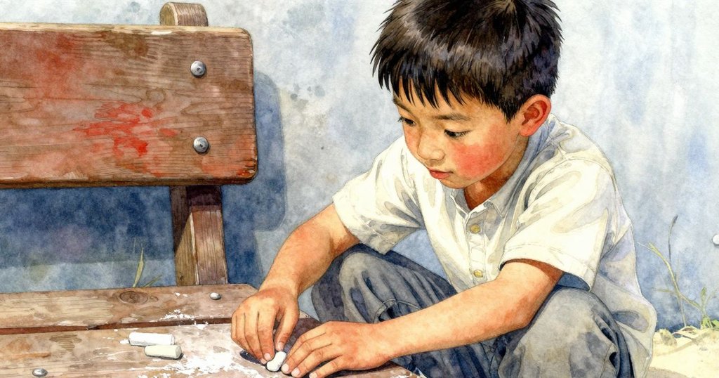 肯特伸手篩選桌上散落的粉筆碎屑，光線柔和突顯工作台歷史痕跡，細節豐富