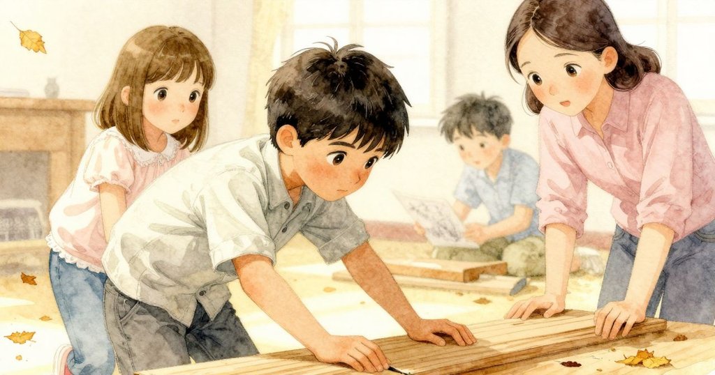 肯特在工作台上標記木板，萊拉記錄細節，桌上散落落葉與工具豐富層次，二人表情專注