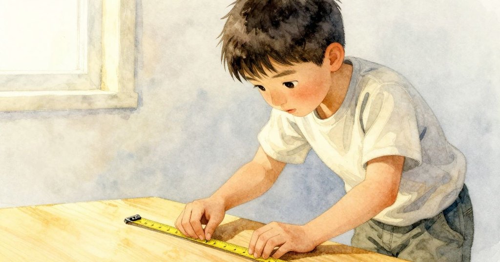 肯特輕放捲尺於桌中央，面露寧靜微笑，工作空間恢復平靜，象徵任務圓滿結束