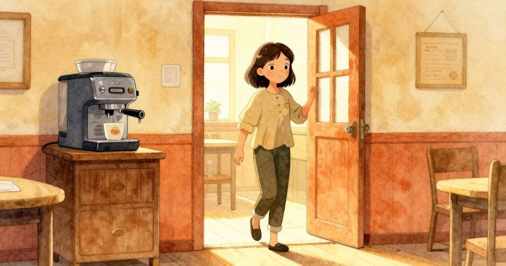 Viola走進明亮休息室，注視滴水咖啡機與金屬托盤的反光，展現出期待與平靜的表情