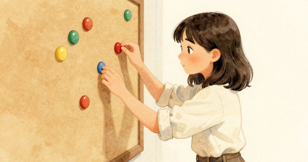 Viola專注地調整告示板上多彩磁鐵，臉上流露認真神情，室內燈光柔和溫暖