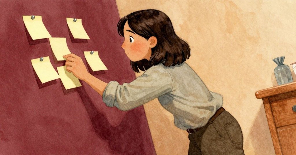 Viola的手將摺疊便條紙推入磁鐵後面，背景中堆疊的杯子與告示板微妙傾斜，展現細膩互動