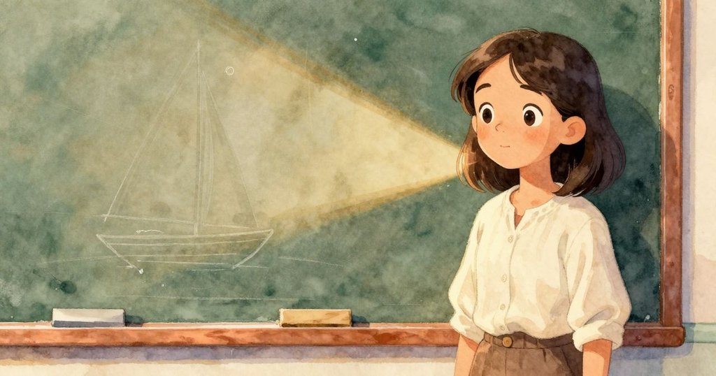 Viola發現告示板上似小帆船的微細刮痕，手指輕觸，附近薄荷滑動，光線柔和呈現細節