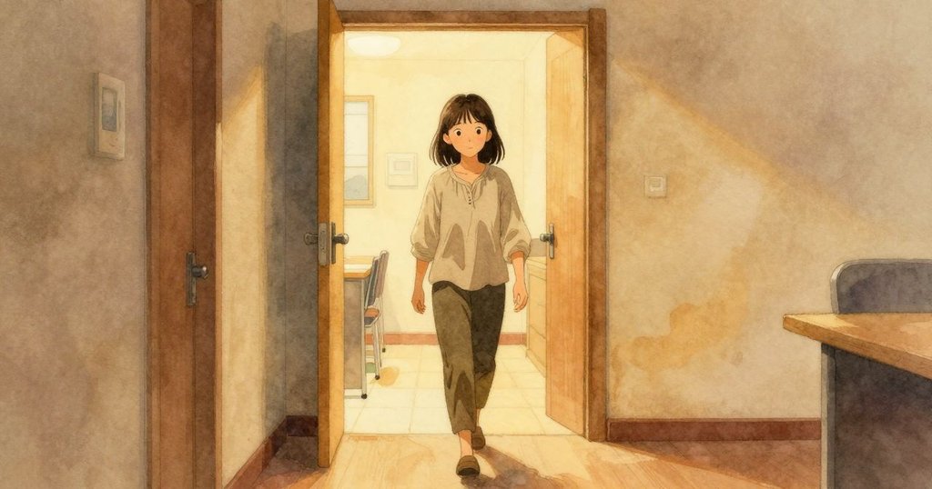 Viola完成工作後離開休息室，步入靜謐走廊，臉上掛著溫柔微笑，環境散發溫暖寧靜氣息