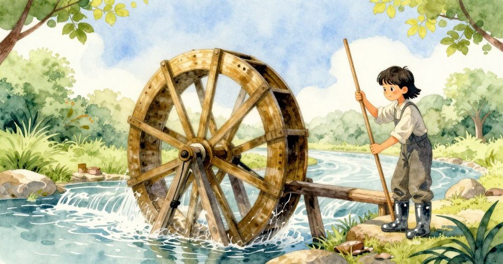 Marco 與 Suki 在水車邊，清晨金光照耀下水面反射明亮，兩人注視著轉動的水輪，情緒專注且期待後續發展