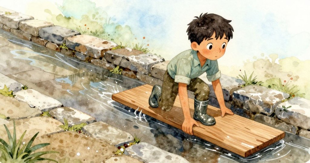 Marco 以雙手推動潮濕木板於冷石間，水花四濺，展現老舊設備的細節與歷史感，動作專注且堅定