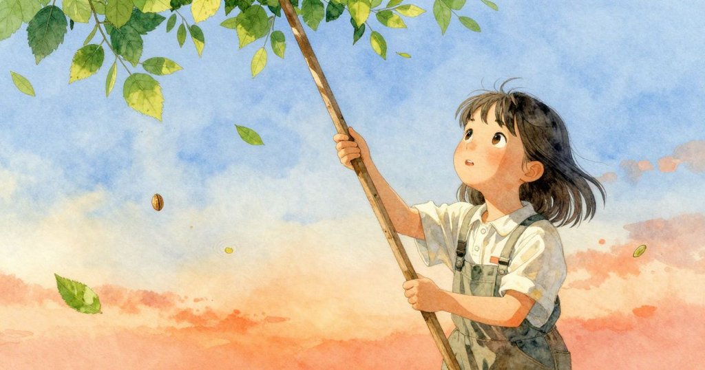 Suki 在灌溉出口檢查標記桿，樹葉輕飄浮動，胡桃殼旋轉於水中，分割畫面展示自然與人文互動