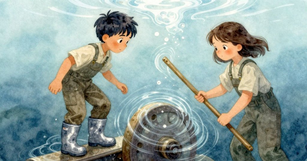 水面下隱藏的漩渦展現神秘力量，水流在軸與閘門間緩緩轉動，細膩光影交織引人探尋內在能量