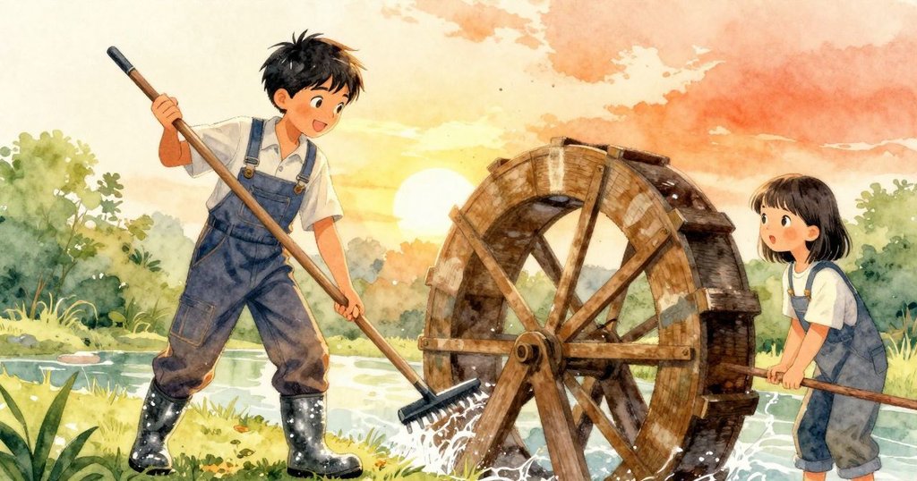 Marco 用長耙從水車槳上勾出胡桃殼，Suki 與之相互配合觸控桿線，兩人表情集中且滿意，共同解決難題