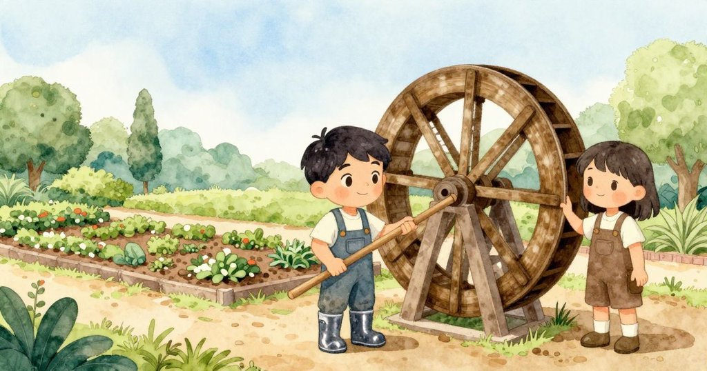 最終畫面展現穩定旋轉的水車，Marco 與 Suki 表情滿足，遠處園丁整理樹籬，自然與勤勞氛圍延續未來情節