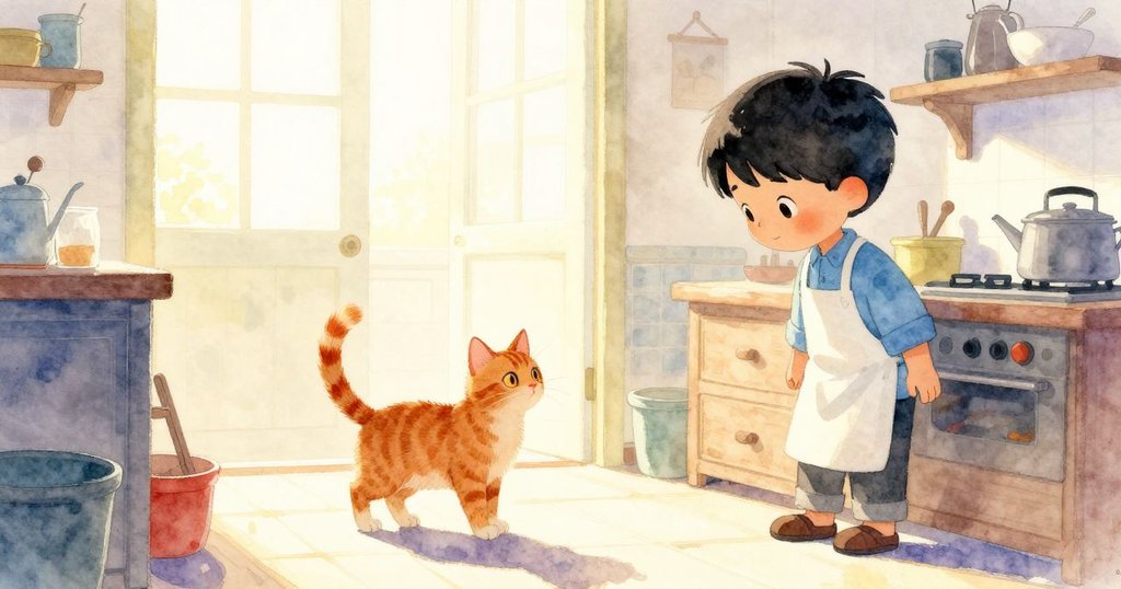 Felix走進明亮充滿暖意的廚房，身影映襯金光，姜色貓在旁注視，展現出烹飪冒險的開端