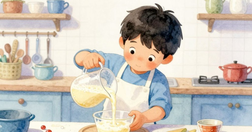 Felix專注倒出濃稠發泡的麵糊，其動作和器具細節展現廚房時間流逝與溫暖氛圍