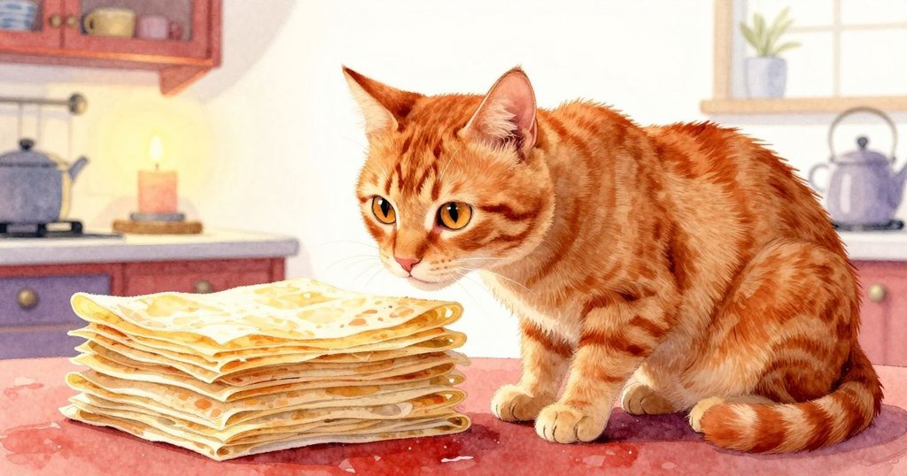 姜色貓由牠細緻視角觀察逐漸涼透的千層薄餅，鼻尖觸及麵粉足跡，展現好奇與探險情緒