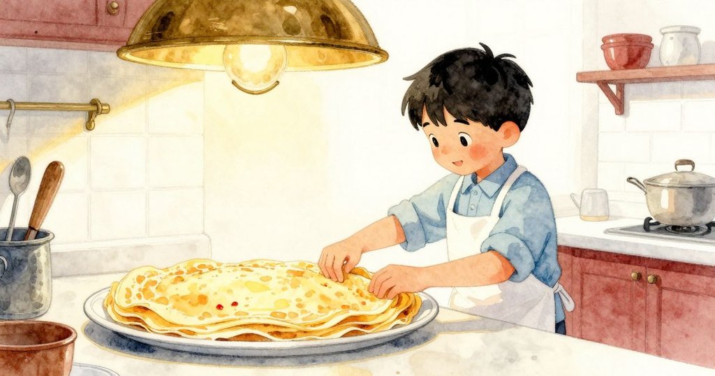 Felix在帶有秋意的廚房中排列煎餅，新鮮出爐的餅於金屬架上閃耀，燭光柔和穩定空間溫暖情懷