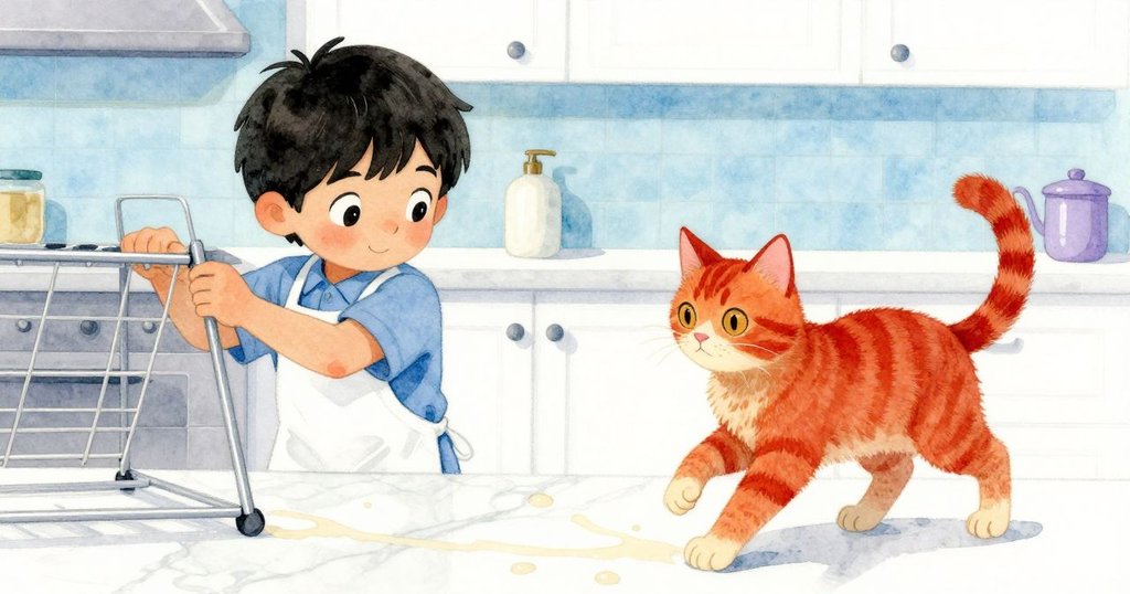 Felix迅速調整移動中的煎餅架，檯面上留下黏稠奶油痕跡，姜色貓驚奇注視，情節緊湊生動