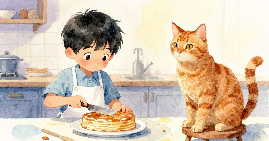 Felix滿意地將小刀放在完成的煎餅蛋糕旁，姜色貓靜坐觀察台面上麵粉足跡，廚房中充滿終章寧靜與神秘感