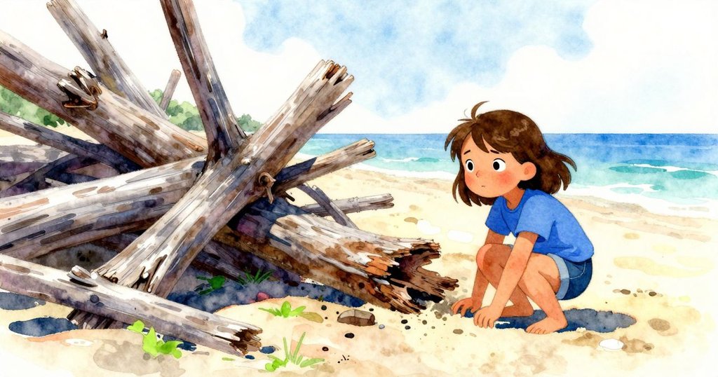 Faye在沙灘上蹲著尋找缺失的樹枝, 風中樹枝胡亂敲擊石子, 神情好奇, 海面和鷗群隱約在背景