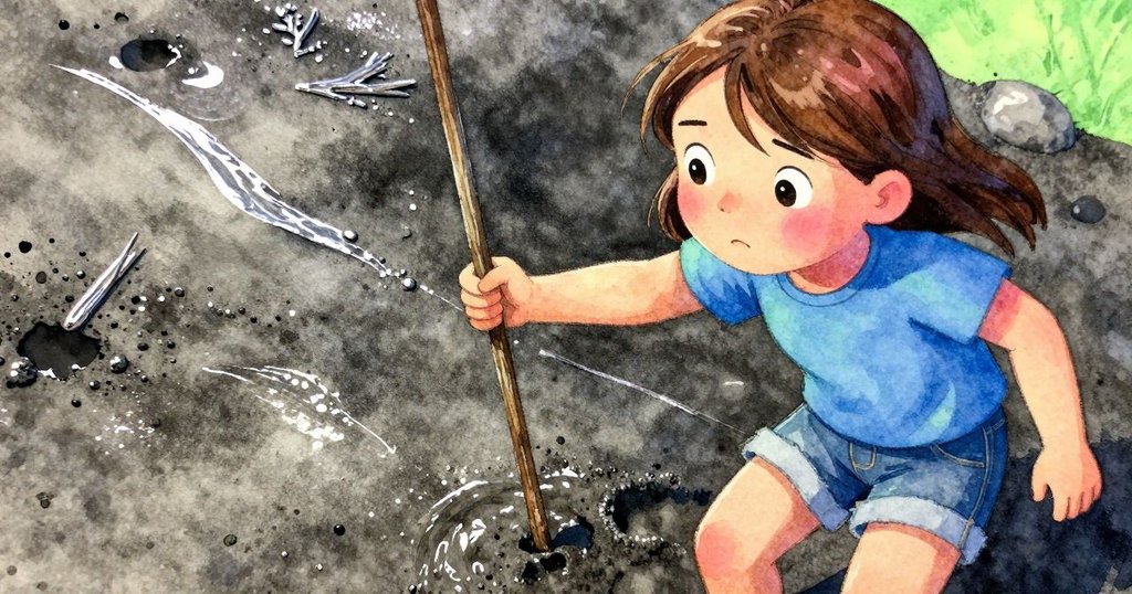 Faye用手握住滑順的細木枝, 近鏡頭顯示沙面反光與細節, 表情專注且好奇