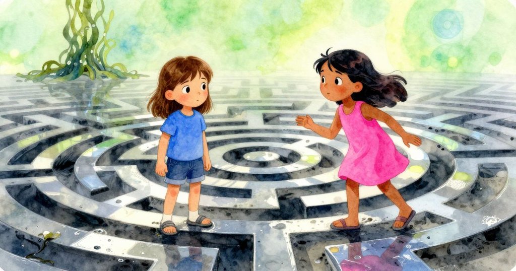 沙灘上畫出的迷宮呈現神秘幾何圖案, 反光表面與遠處海藻碎殘交錯, 氣氛夢幻且充滿抽象美感