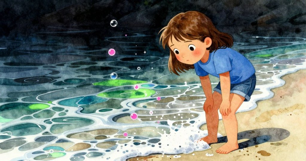 Faye停下手中動作, 觀察泡沫輕撫脚踝, 氣泡飛舞映襯迷宮線條, 沙灘上水光閃爍, 氣氛凝固