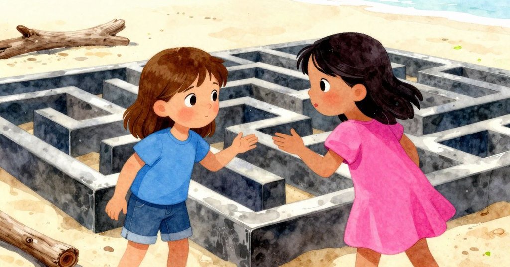 Vera與Faye在沙灘上互動, 共同欣賞重新繪製的迷宮與漂流木, 臉上滿是驚喜與認同, 氣氛溫暖輕快