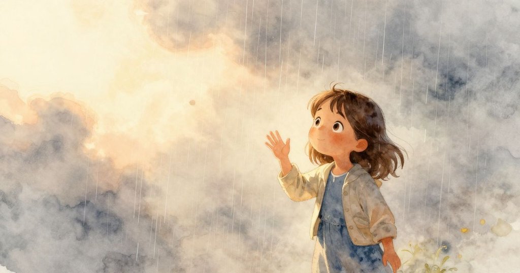 Nell站在門廊屏風後，專注數著雨滴，清晨薄霧中金色光線穿透雲層，環境寧靜溫暖。