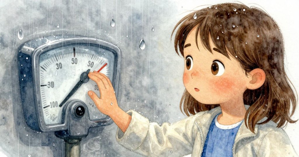 Nell跑過焦糖色石徑，停下細看雨滴閃爍的玻璃量筒，手觸摸裝置，神情專注且謹慎。