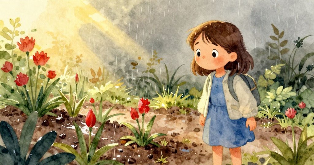 雨過天晴後，Nell注視濕潤土壤中爬行的小蟲，花園中草地閃爍著金光，氣氛溫暖怡人。