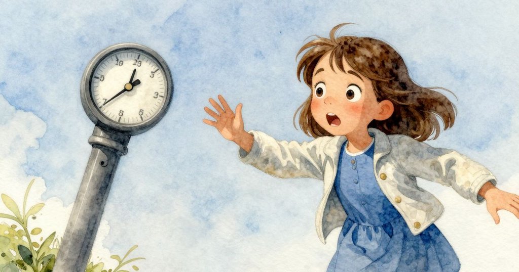 Nell驚訝地注視兩側不一致的量筒刻度，傾斜木柱旁光影強烈，表情明顯流露出困惑與決心。