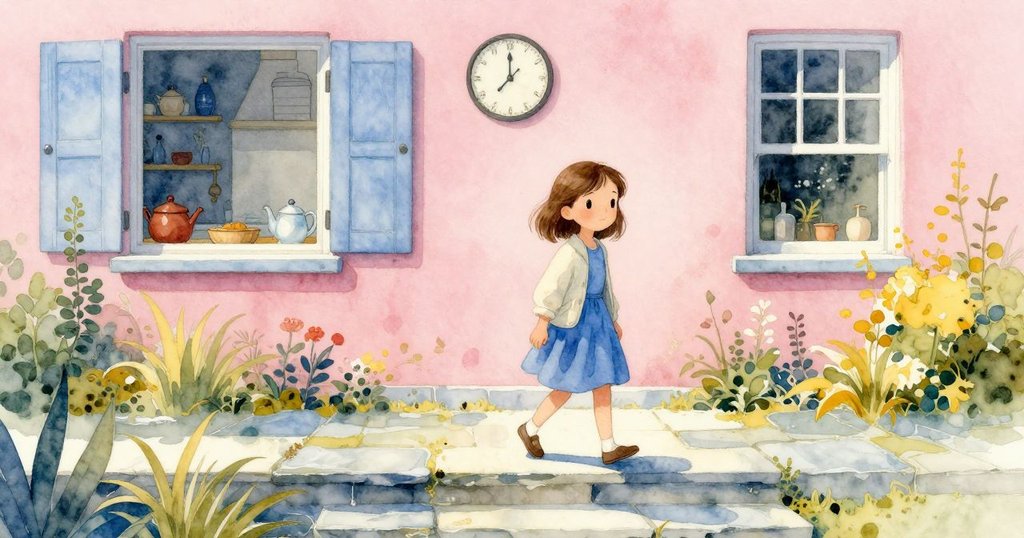 Nell記錄完精確數值後，走過濕滑石階，庭院廣闊中透出廚房窗中時鐘擺動，氛圍安詳溫暖。