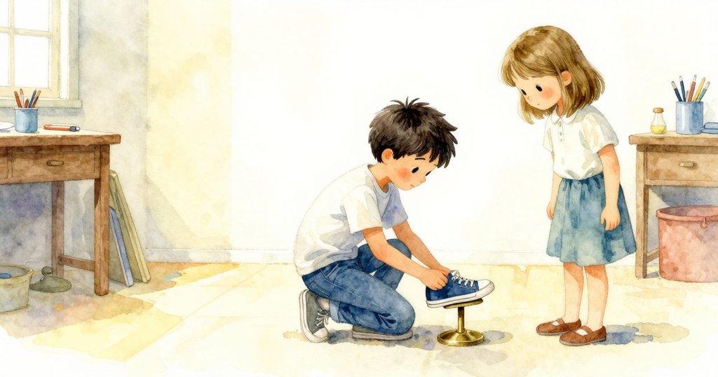 路克舉鞋檢視細節，塔拉注視背景，溫暖室內環境中呈現修復準備情景