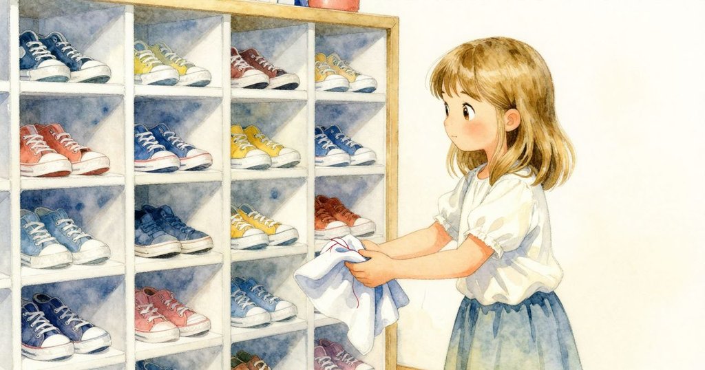 塔拉在整齊鞋櫃內撥弄蠟線，遞交布料給路克，細膩互動展現工作室動態