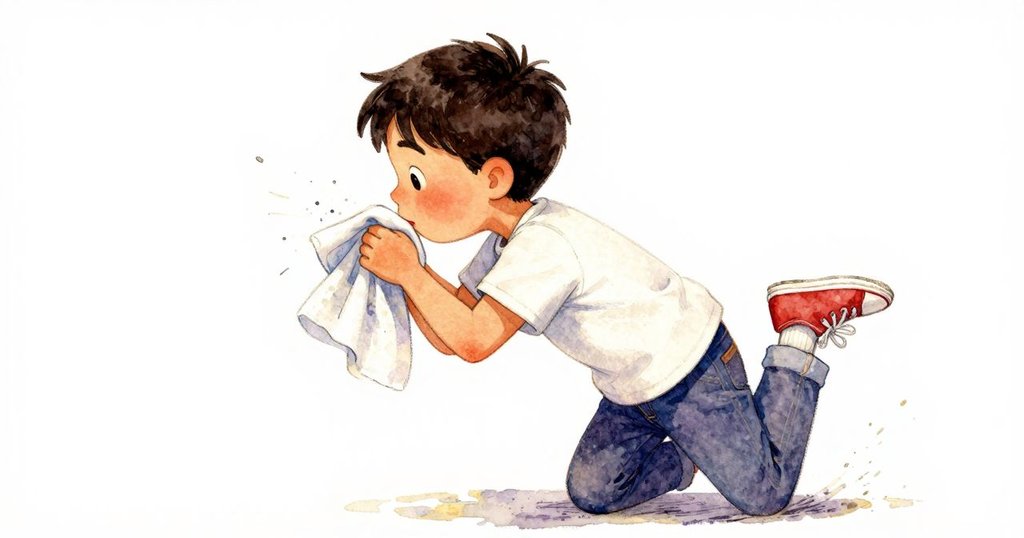 動態畫面中路克吹拂鞋後跟，輕柔刷拭，粉末在燈光中飄散展現修復節奏