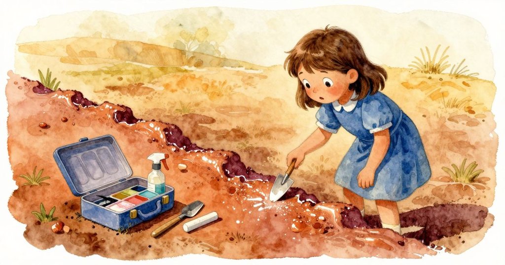 六月展開工具包,旁邊的粉筆痕跡沐浴在陽光中,工具清晰呈現,充滿專注和細膩感