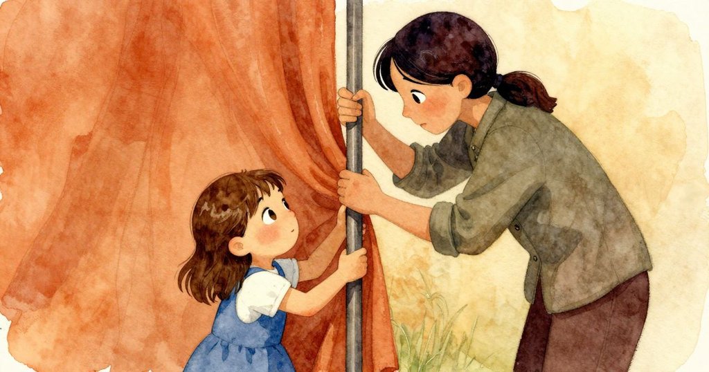 六月和老師一起穩固柱子,靜落的布料透露協作默契,臉上皆顯關懷與協助