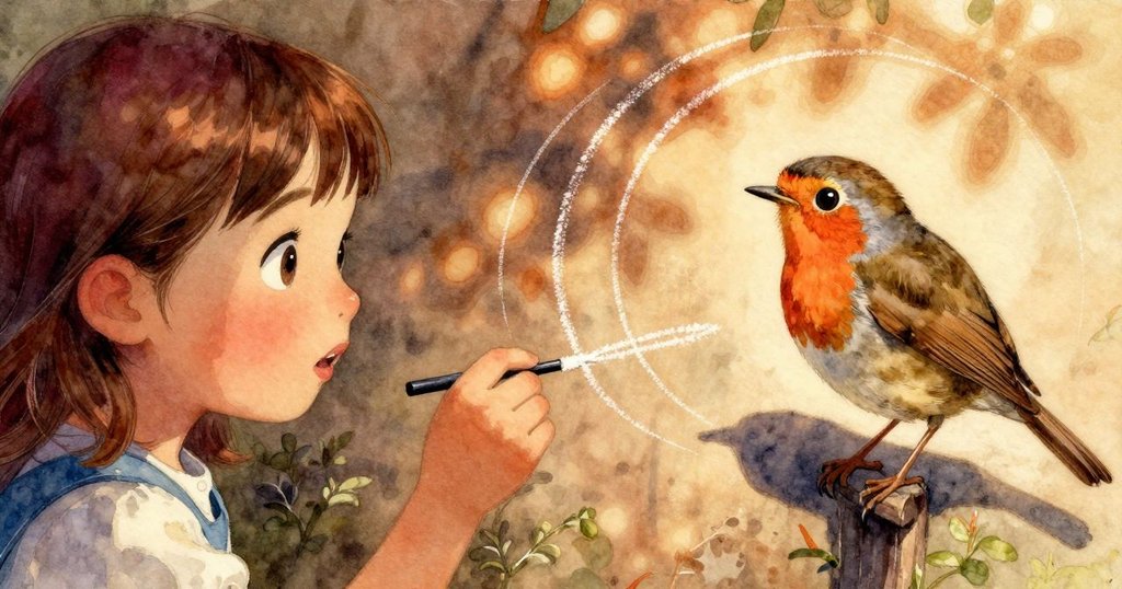 六月用窄挑子勾勒粉筆弧線,背景中知更鳥歸巢,陰影交織中展現精緻線條,氣氛沉靜收尾