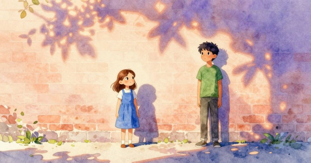 克拉拉與皮爾斯在早晨光線中的磚牆前呈現剪影，間有麻雀飛過，表情中透露著期待與溫暖氛圍